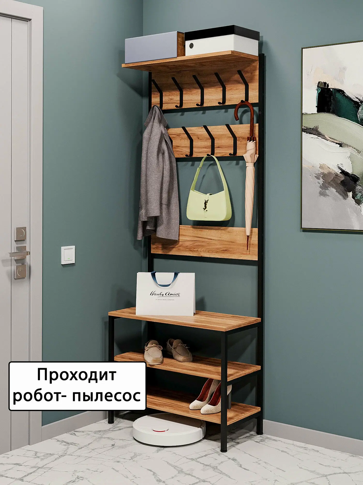 02-01.1-01 Вешалка напольная Лофт, 179.5х32.5х 70.5 см, цвет ЛДСП Дуб вотан, металлокаркас черный, LOFT — изображение 2
