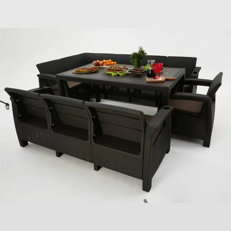 Комплект садовой мебели из ротанга Set 5+3+1+обеденный стол 153х79, с комплектом черных подушек