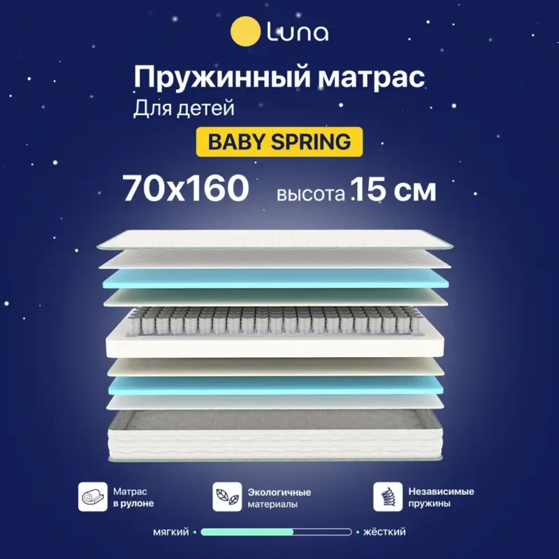 Матрас детский ортопедический Luna Inc Baby spring 70x160 см независимый пружинный блок, детский