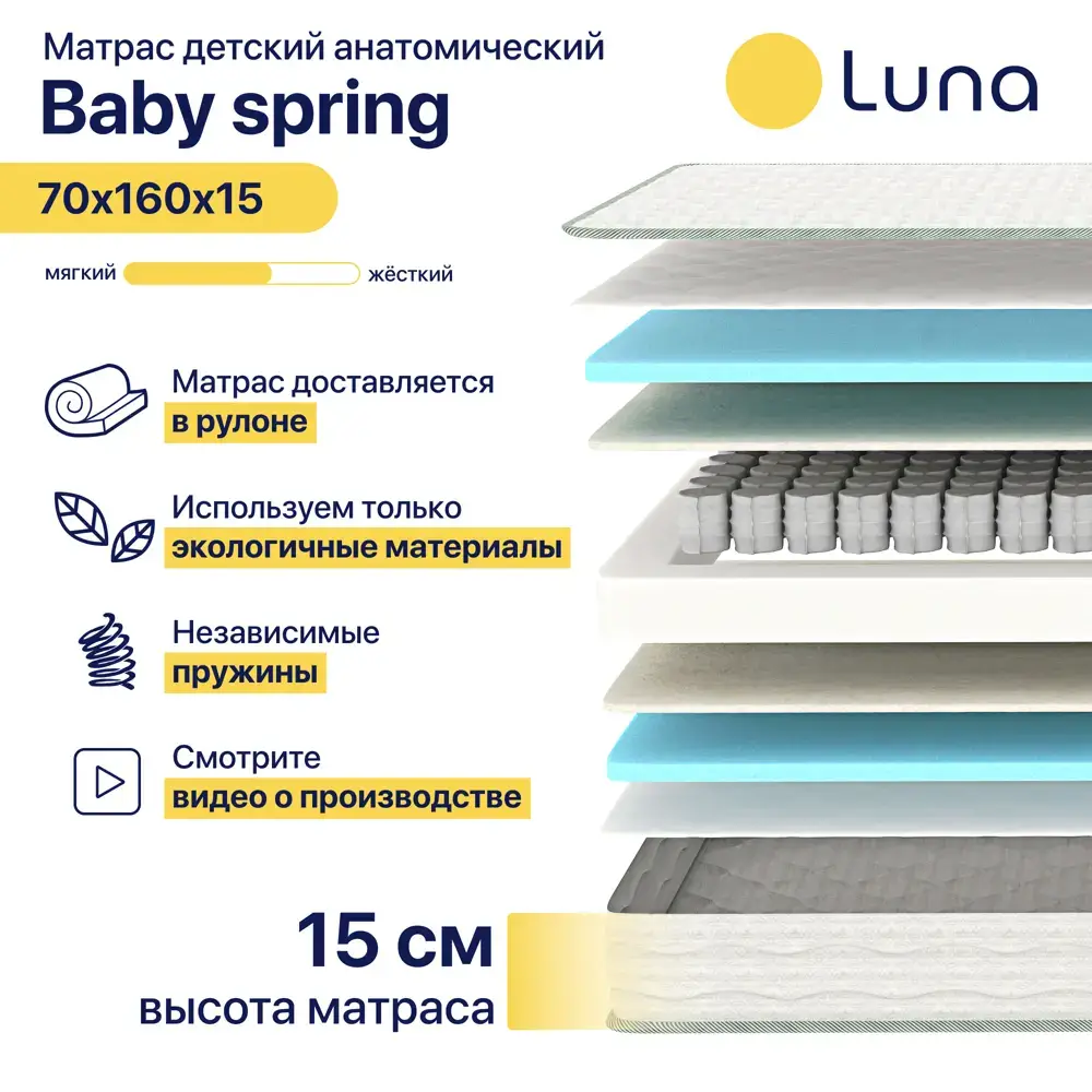 Матрас детский ортопедический Luna Inc Baby spring 70x160 см независимый пружинный блок, детский — изображение 2