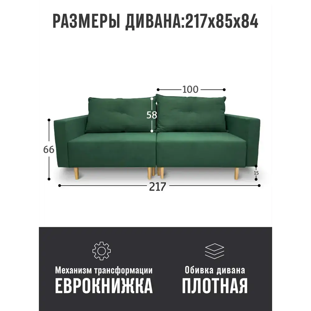 Раскладной диван Cityhd Пекин двухспальный модульный 217x84x85 см велюр цвет зеленый — изображение 2