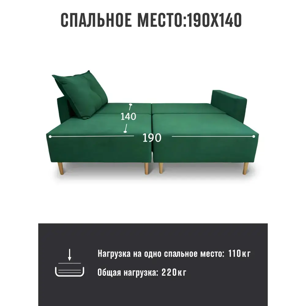 Раскладной диван Cityhd Пекин двухспальный модульный 217x84x85 см велюр цвет зеленый — изображение 3