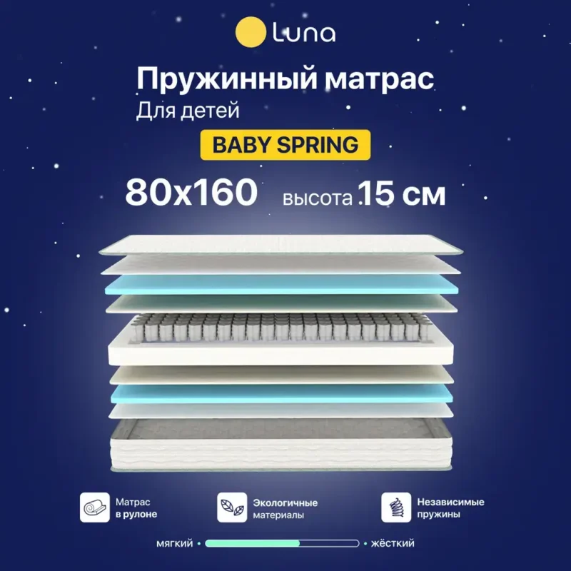 Матрас детский ортопедический Luna Inc Baby spring 80x160 см независимый пружинный блок, детский