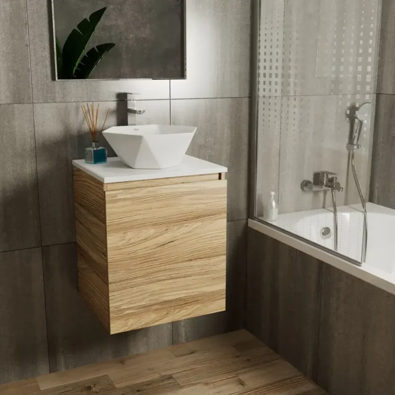 Тумба Bau Dream Blackwood 50 с дверцей SD3096, раковина Crystal 40x40, смеситель для раковины высокий Hotel Still, нержа