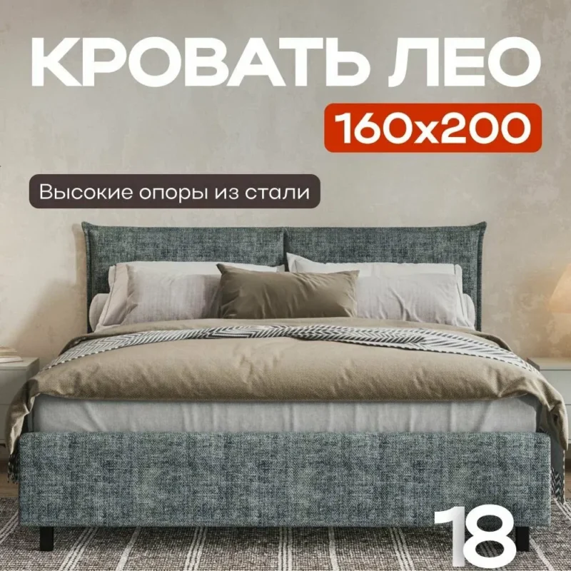 Двуспальная кровать ЛЕО, вельвет Шенилл IQ цвет серый, 160х200 см