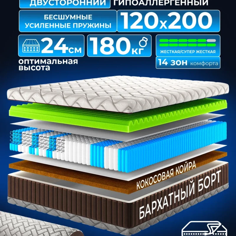 Ортопедический полуторный матрас 120х200 см на кровать, рулонный, независимый пружинный блок, съемный чехол Ами Мебель