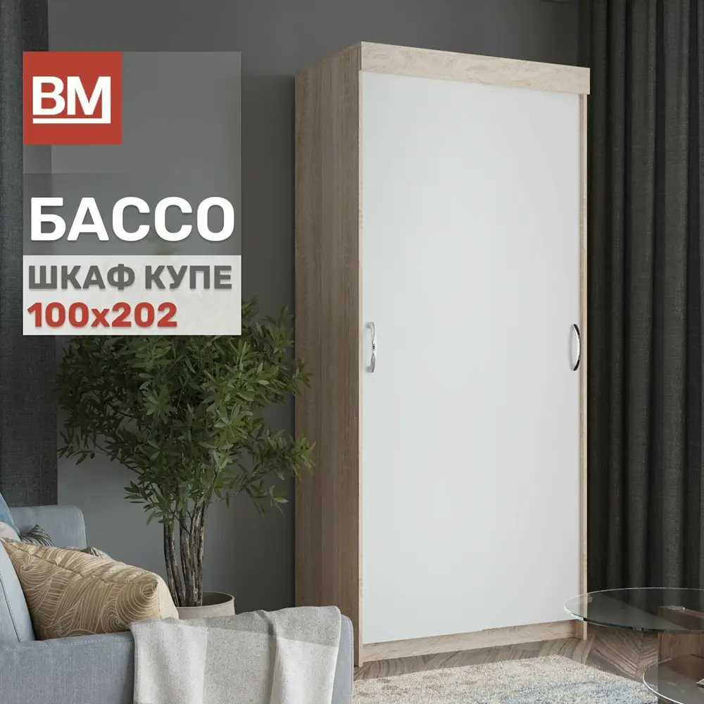 Шкаф купе, Бассо, 100х50х202, Белый/Дуб Сонома