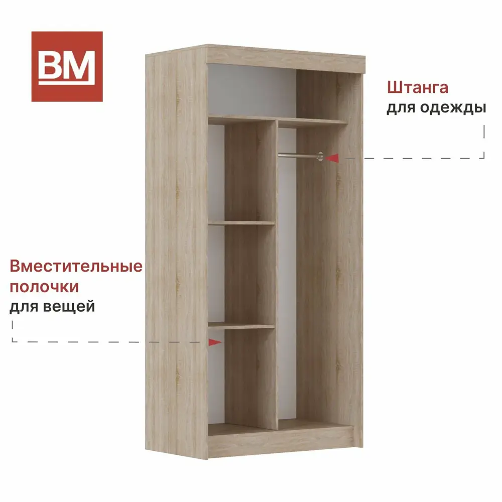 Шкаф купе, Бассо, 100х50х202, Белый/Дуб Сонома — изображение 3