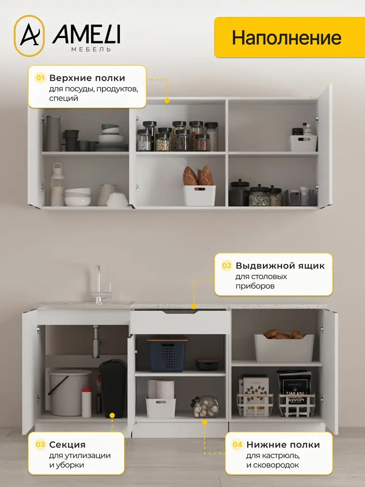 Кухонный гарнитур кайли 1,8м, модульная кухня, Белый — изображение 3