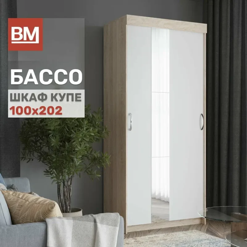 Шкаф купе с зеркалом, 100х50х202 см, Бассо, Белый/Дуб Сонома