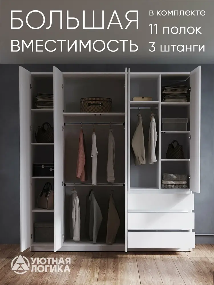 Шкаф распашной для одежды 200 см, Белый, с полками, штангой и ящиками — изображение 2